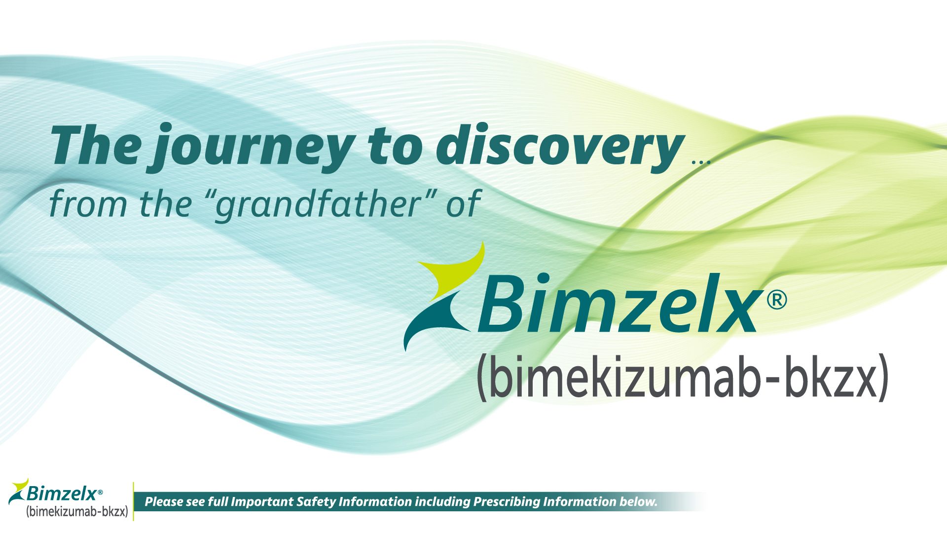 BIMZELX orgin video for HCPs — the BIMZELX logo and the words, “The journey to discovery from the 'grandfather' of BIMZELX" are onscreen.