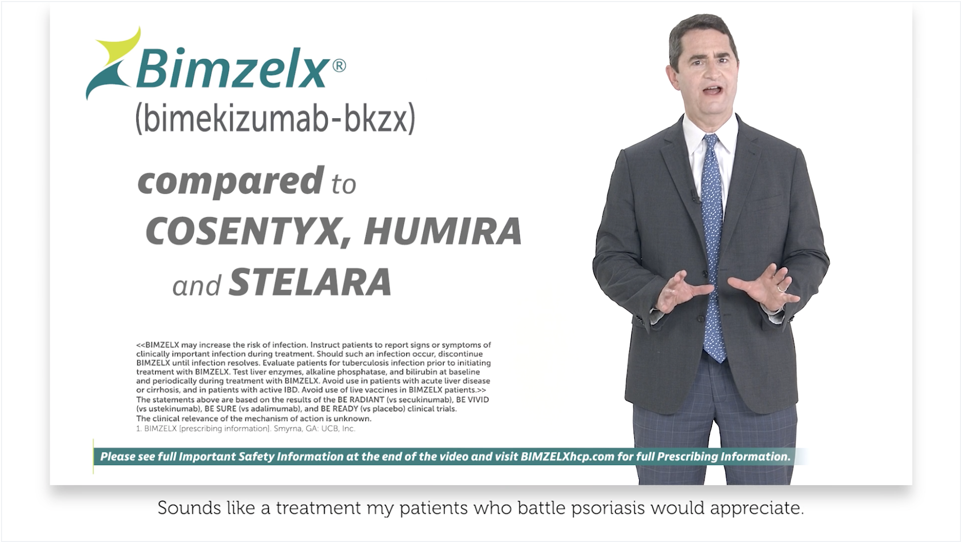 BIMZELX head-to-head video for HCPS — Dr. Bruce Strober speaking to the camera. BIMZELX logo and words, “compared to COSENTYX, HUMIRA and STELARA” are onscreen.