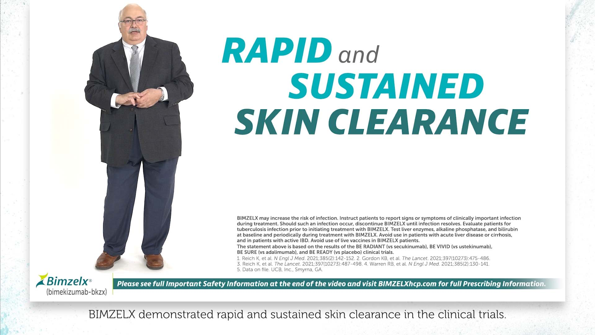 BIMZELX rapid response video for HCPs — Dr. Craig Leonardi speaking to the camera. The words, “Rapid and sustained skin clearance” appear onscreen.